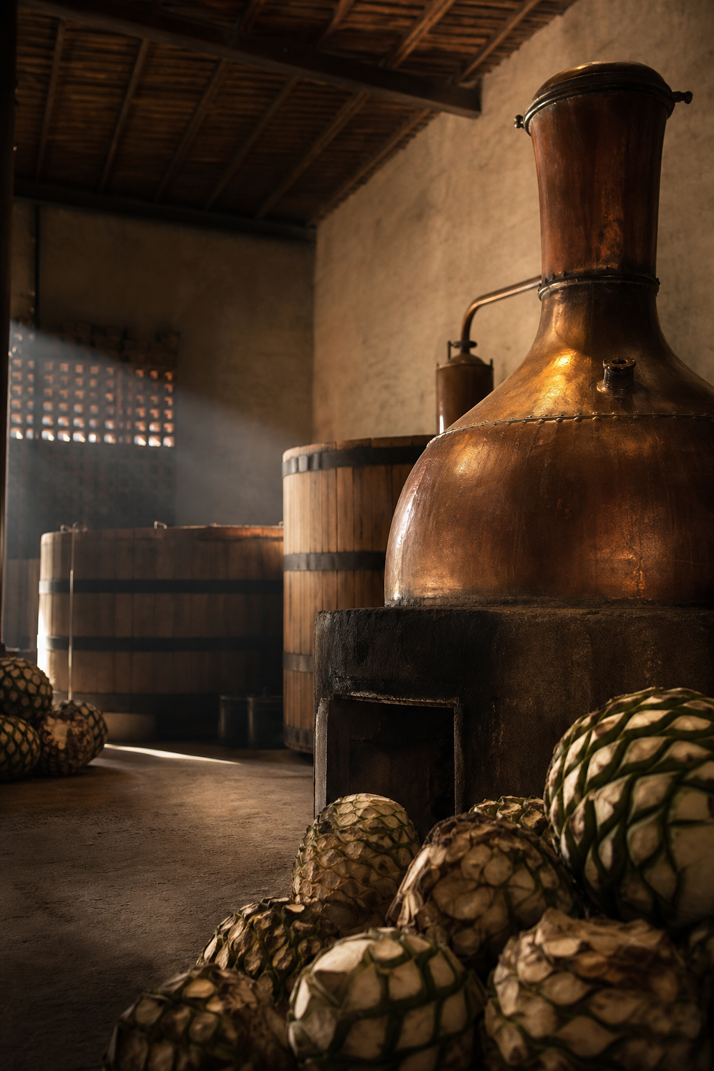 Casa Venegas artisanal mezcal palenque with agave piñas, copper still and warm Oaxaca light
