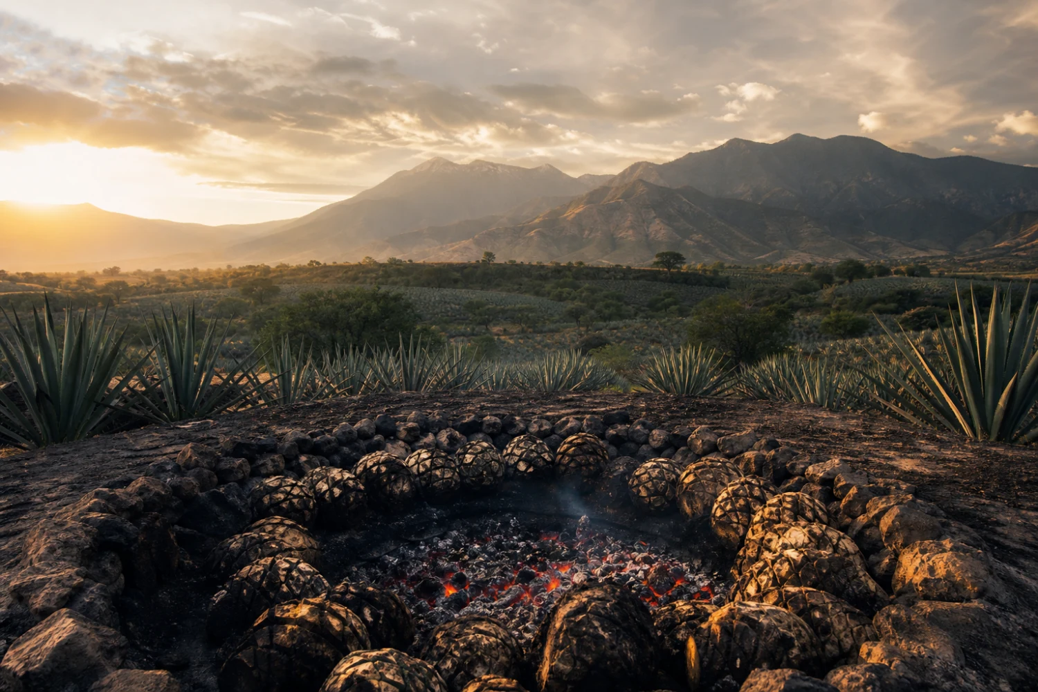Casa Venegas panoramic Oaxaca maguey field with stone pit oven, fire and Sierra Sur mountains