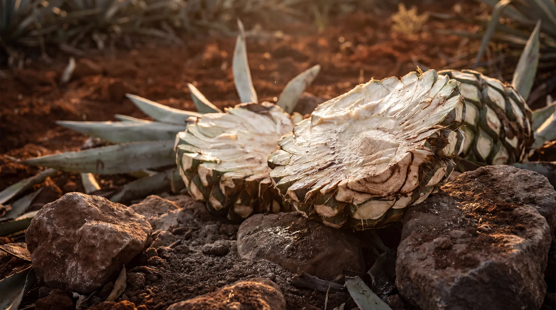 Harvested maguey piñas on Oaxaca earth