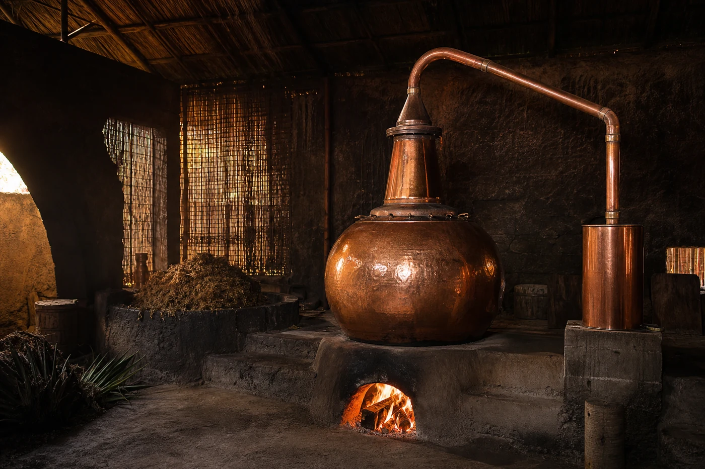 Traditional copper mezcal distillation still with firelight and connected condenser