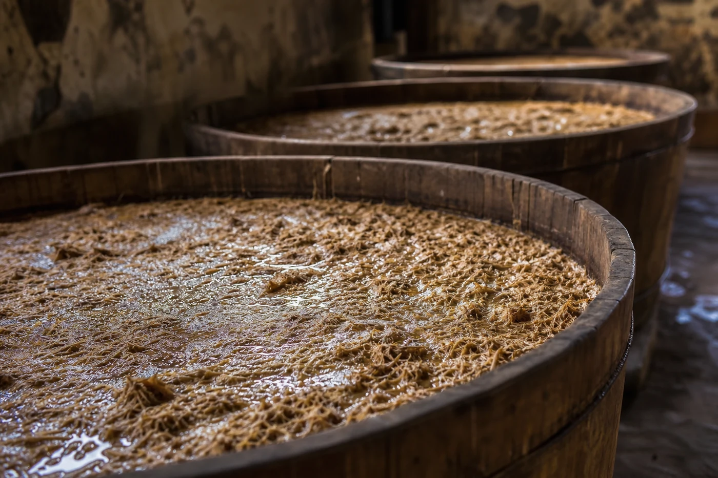 Open wooden vats with fermenting cooked agave mash