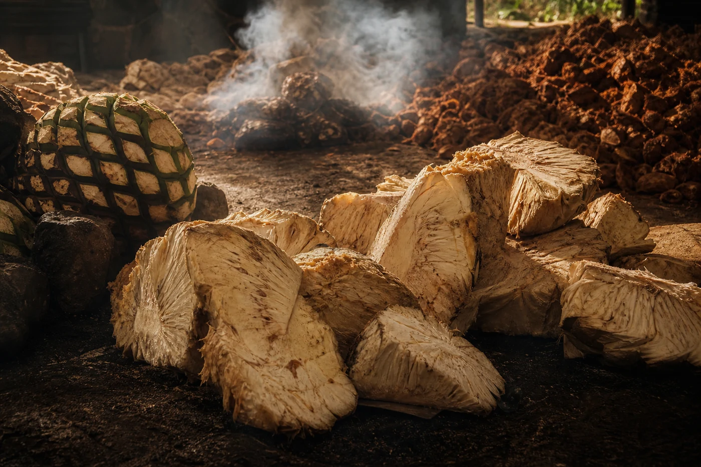 Prepared maguey piñas and agave hearts on dark Oaxaca earth