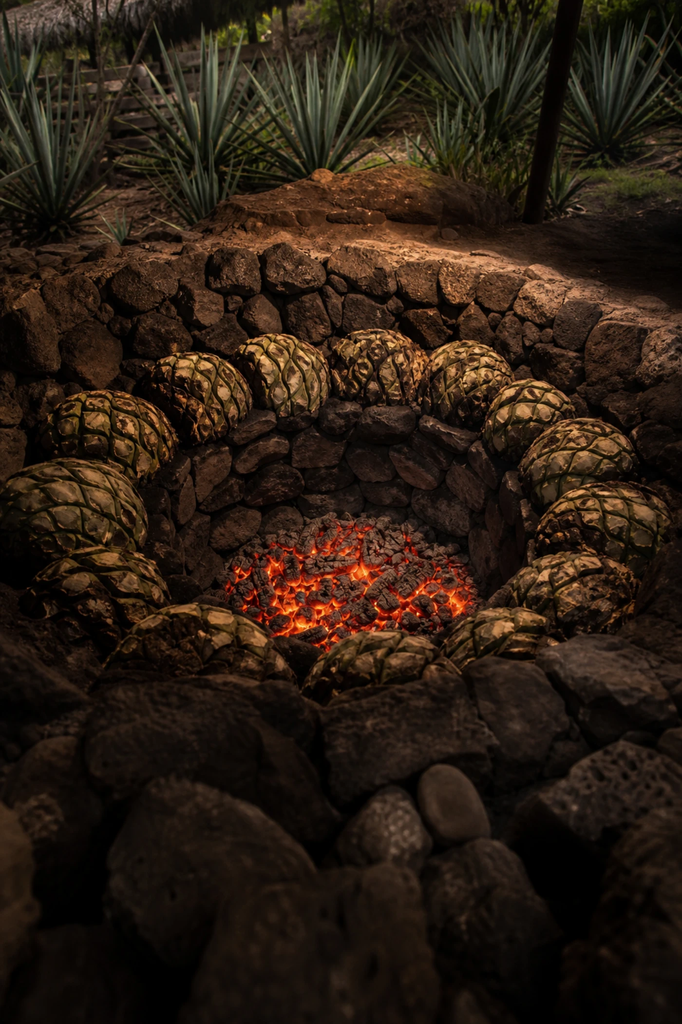 Traditional conical stone pit oven for mezcal with agave piñas and glowing embers