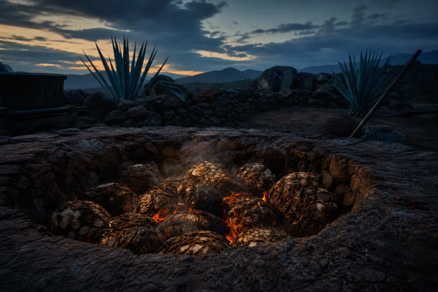 Traditional stone-pit cooking of agave in an Oaxaca palenque